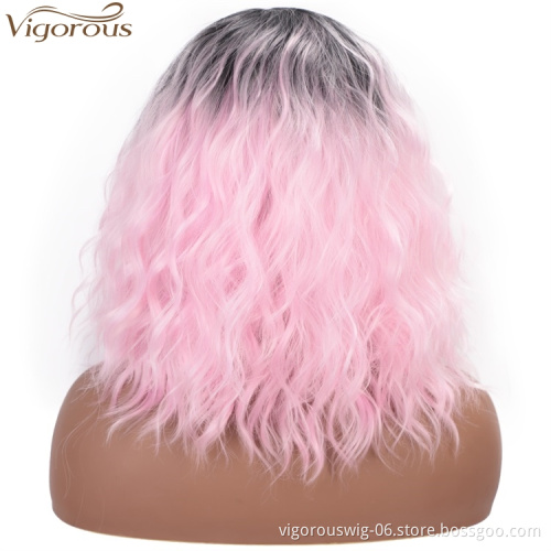 Vigorous 14 Inch Curly Wave Short Bob Wigs Ombre Light Pink Synthetic Cosplay Pastel Wig for Girl Costume Christmas Party